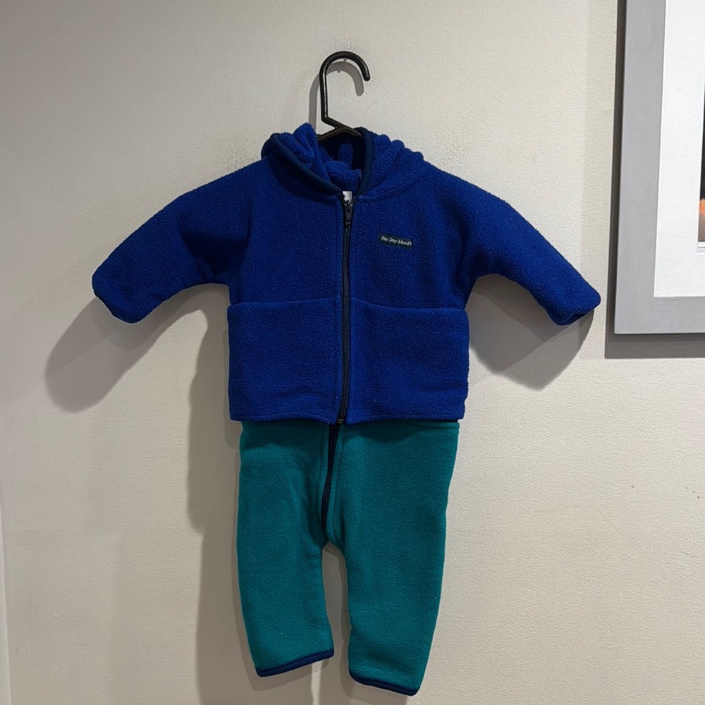 One Step Ahead Blue and Green Fleece Snow Suit Made in USA XS Vintage